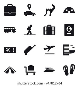 16 vector icon set : portfolio, car pointer, greate wall, dome house, bus, tourist, suitcase, passport, ticket, departure, hotel, tent, baggage trolley, yacht, flip-flops