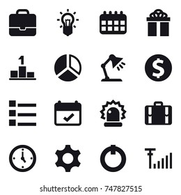 16 vector icon set : portfolio, bulb, calendar, gift, pedestal, diagram, table lamp, dollar coin, list, suitcase, watch