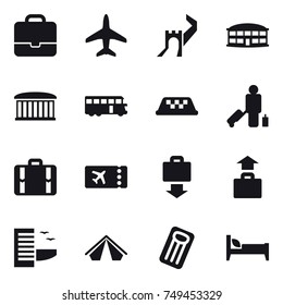 16 vector icon set : portfolio, plane, greate wall, airport building, bus, taxi, passenger, suitcase, ticket, baggage get, baggage, hotel, tent, inflatable mattress, bed