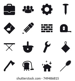16 vector icon set : portfolio, group, gear, nail, under construction, pencil, brick wall, measuring tape, iron board, rag, axe, vacuum cleaner, house cleaning, duster
