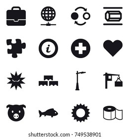 16 vector icon set : portfolio, globe connect, quantum bond, nanotube, puzzle, info, block wall, outdoor light, pig, fish, sun, toilet paper