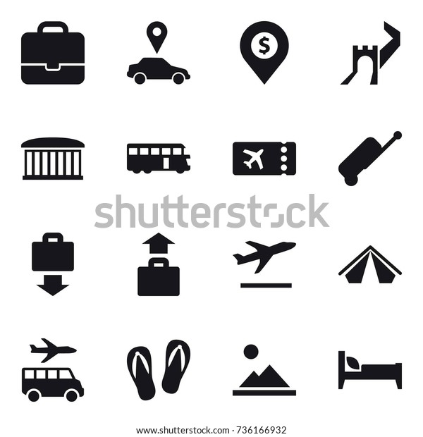 16\
vector icon set : portfolio, car pointer, dollar pin, greate wall,\
airport building, bus, ticket, suitcase, baggage get, baggage,\
departure, tent, transfer, flip-flops, landscape,\
bed