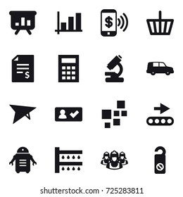 16 vector icon set : presentation, graph, phone pay, basket, account balance, calculator, deltaplane, check in, watering, outsource, do not distrub