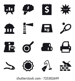 16 vector icon set : presentation, brain, receipt, goverment house, lighthouse, tennis, coffee maker, pan, walnut crack, vacuum cleaner, construct garbage