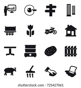 16 vector icon set : presentation, cell corection, singlepost, skyscrapers, motorcycle, home, table, fence, sheep, vacuum cleaner, wiping, floor washing