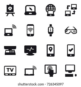 16 vector icon set : presentation, notebook, notebook globe, notebook connect, notebook wireless, phone wireless, smartwatch, smart glasses, market scales, mobile checking, tv