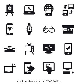 16 vector icon set : presentation, notebook, notebook globe, notebook connect, phone wireless, smartwatch, smart glasses, market scales, scales, tv, mobile checking
