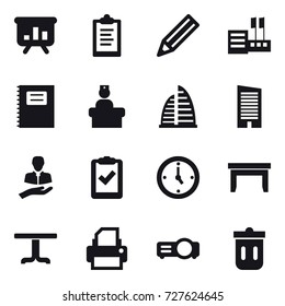 16 vector icon set : presentation, clipboard, pencil, store, copybook, skyscraper, watch, table, trash bin