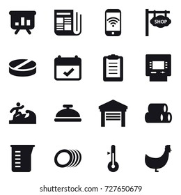 16 vector icon set : presentation, newspaper, phone wireless, shop signboard, atm, surfer, service bell, garage, measuring cup, thermometer, chicken