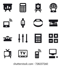 16 vector icon set : presentation, calculator, notebook globe, notebook wireless, smartwatch, smart bracelet, market scales, scales, equalizer, tv