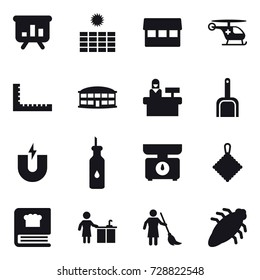 16 vector icon set : presentation, sun power, market, ruler, airport building, reception, scoop, kitchen scales, rag, kitchen cleaning, brooming, bug