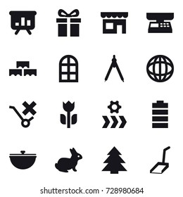 16 vector icon set : presentation, gift, shop, market scales, block wall, arch window, drawing compass, cauldron, rabbit, spruce, scoop