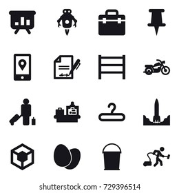 16 vector icon set : presentation, jet robot, motorcycle, passenger, baggage checking, hanger, bucket, vacuum cleaner