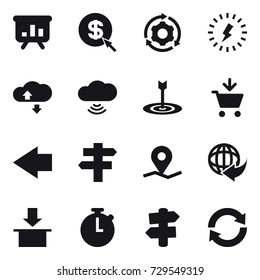 16 vector icon set : presentation, dollar arrow, around gear, lightning, cloude service, cloud wireless, target, add to cart, left arrow, singlepost, signpost, reload