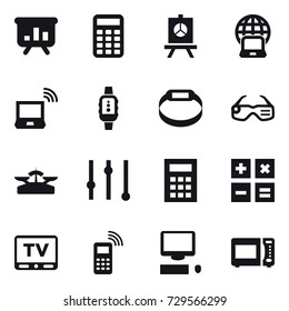 16 vector icon set : presentation, calculator, notebook globe, notebook wireless, smartwatch, smart bracelet, smart glasses, scales, equalizer, tv