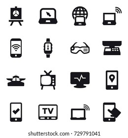 16 vector icon set : presentation, notebook, notebook globe, notebook wireless, phone wireless, smartwatch, smart glasses, market scales, scales, tv, mobile checking