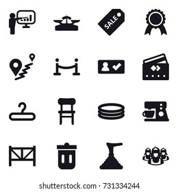 16 vector icon set : presentation, scales, sale label, medal, vip fence, check in, credit card, hanger, chair, inflatable pool, farm fence, trash bin, plunger, outsource