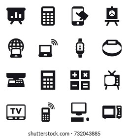 16 vector icon set : presentation, calculator, touch, notebook globe, notebook wireless, smartwatch, smart bracelet, market scales, tv