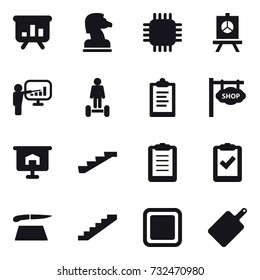 16 vector icon set : presentation, chess horse, chip, hoverboard, clipboard, shop signboard, stairs, cutting board