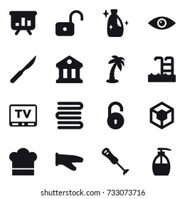 16 vector icon set : presentation, unlock, cleanser, library, palm, pool, tv, towels, cook hat, cook glove, liquid soap