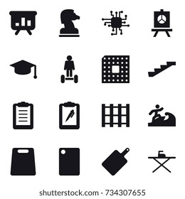 16 vector icon set : presentation, chess horse, chip, graduate hat, hoverboard, cpu, stairs, surfer, cutting board, iron board