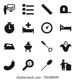 16 vector icon set : presentation, list, ruler, measuring tape, hospital, barometer, bed, iron, bbq, whisk, corn, eggplant, viruses, duster, garbage bin