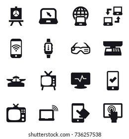 16 vector icon set : presentation, notebook, notebook globe, notebook connect, phone wireless, smartwatch, smart glasses, market scales, scales, tv, mobile checking