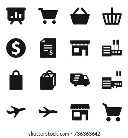 16 vector icon set : presentation, cart, basket, dollar coin, account balance, shop, store, shopping bag, delivery, mall, plane