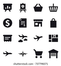 16 vector icon set : presentation, basket, dollar coin, account balance, shop, shopping bag, atm receipt, journey, plane, cart, garage