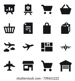 16 vector icon set : presentation, cart, basket, account balance, shopping bag, journey, plane, airplane, shop, garage