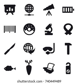 16 vector icon set : presentation, globe connect, telescope, battery, barcode, donut, diving mask, floor washing, do not distrub