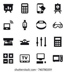 16 vector icon set : presentation, calculator, touch, notebook wireless, smartwatch, smart bracelet, smart glasses, market scales, scales, equalizer, tv