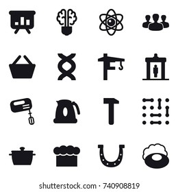 16 vector icon set : presentation, bulb brain, atom, group, basket, tower crane, detector, mixer, kettle, pan, chef  hat, horseshoe, soap