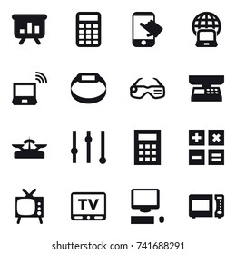 16 vector icon set : presentation, calculator, touch, notebook globe, notebook wireless, smart bracelet, smart glasses, market scales, scales, equalizer, tv