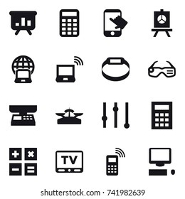 16 vector icon set : presentation, calculator, touch, notebook globe, notebook wireless, smart bracelet, smart glasses, market scales, scales, equalizer, tv