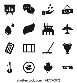 16 vector icon set : presentation, discussion, chamical industry, sale, factory, airplane, inflatable mattress, window, rake, cow, thermometer, ecology, maple leaf, drying clothe