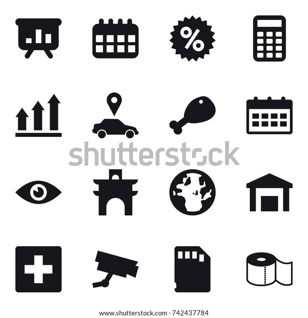 16 vector icon set : presentation, calendar,\
percent, calculator, graph up, car pointer, chicken leg, arch,\
first aid, toilet paper