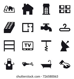 16 vector icon set : project, home, building, panel house, brick, plan, water tap, hanger, rack, tv, corkscrew, satellite antenna, apron, blower, bath, wiping