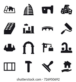 16 vector icon set : project, skyscraper, slum, modern architecture, brick, city, bridge, repair, building helmet, arch, water tap, window, scraper, housing