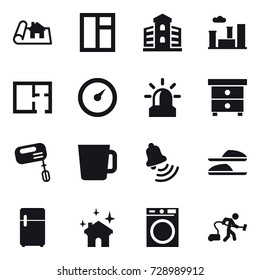 16 vector icon set : project, window, building, city, plan, barometer, alarm, nightstand, mixer, cup, bell, slippers, house cleaning, washing machine, vacuum cleaner
