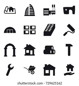 16 vector icon set : project, skyscraper, mall, slum, hangar, panel house, brick, repair, arch, home, wheelbarrow, house, housing