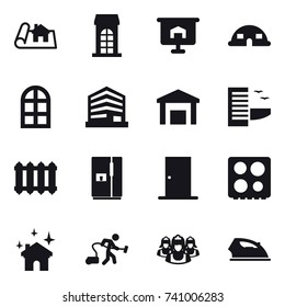 16 vector icon set : project, building, presentation, dome house, arch window, hotel, radiator, fridge, door, house cleaning, vacuum cleaner, outsource, iron