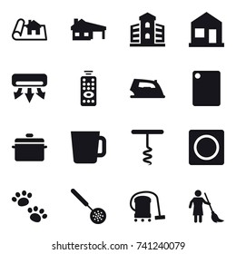 16 vector icon set : project, house with garage, building, home, air conditioning, remote control, iron, cutting board, pan, cup, corkscrew, ring button, pets, skimmer, vacuum cleaner, brooming