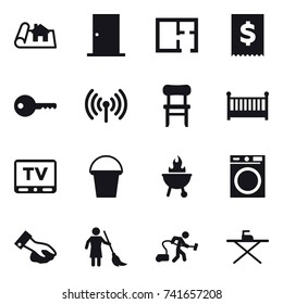 16 vector icon set : project, door, plan, key, wireless, chair, crib, tv, bucket, bbq, washing machine, wiping, brooming, vacuum cleaner, iron board