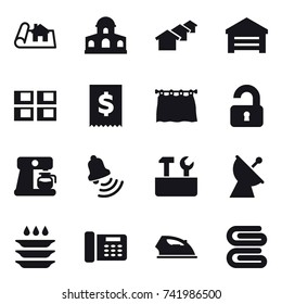 16 vector icon set : project, mansion, houses, garage, panel house, curtain, unlocked, coffee maker, bell, repair tools, satellite antenna, plate washing, iron, stack of towels