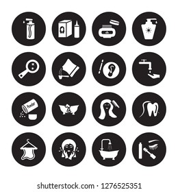 16 vector icon set : pump bottle, douche, face washer, towel, flossing, dolled up, parasite, powder, varnish isolated on black background