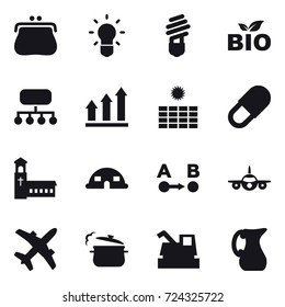16 vector icon set : purse, bulb, bio, structure, graph up, sun power, church, dome house, steam pan, harvester, jug