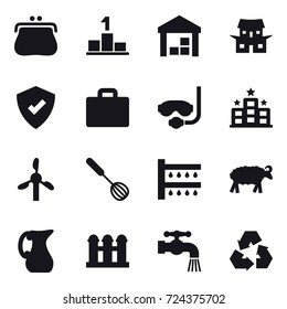 16 vector icon set : purse, pedestal, warehouse, japanese house, suitcase iocn, diving mask, hotel, whisk, watering, sheep, jug, grain elevator, water tap, recycling