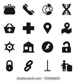 16 vector icon set : purse, phone, circle diagram, dna, add to basket, handwheel, home, electricity, unlocked, rake, garbage bin
