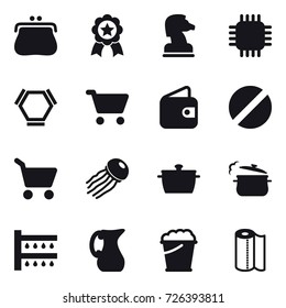 16 vector icon set : purse, medal, chess horse, chip, hex molecule, cart, wallet, jellyfish, pan, steam pan, watering, jug, foam bucket, paper towel